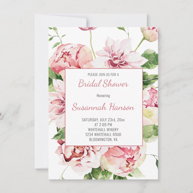 Pink Summer Garden Peonies, Dahlias, Roses Bridal Card (Front)