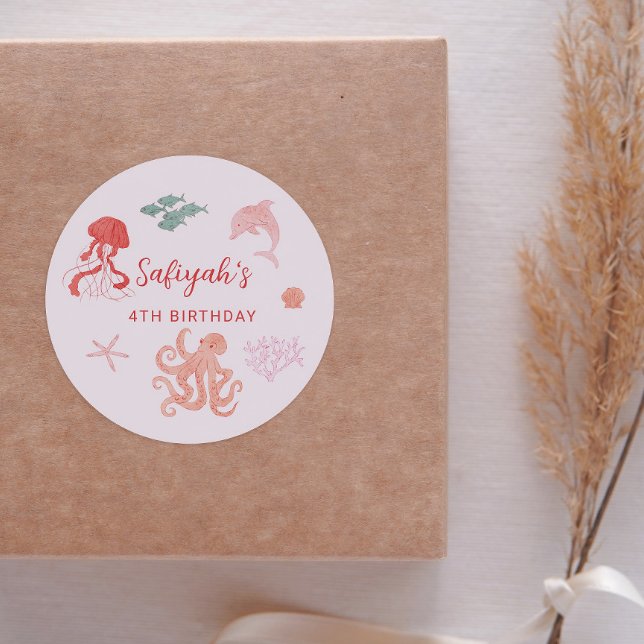 Pink Summer Ocean Birthday Party Favour Classic Round Sticker (Creator Uploaded)