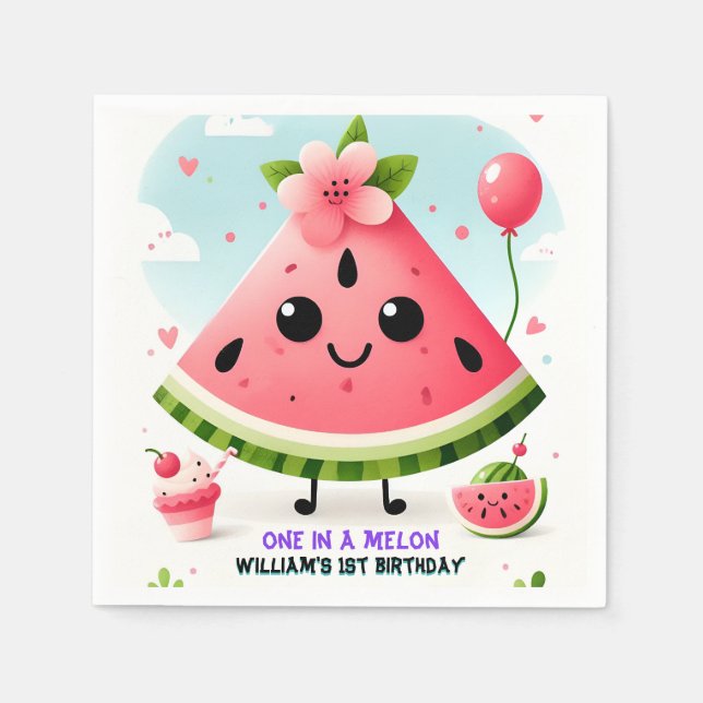 pink summer one in a melon first 1st birthday napkin (Front)