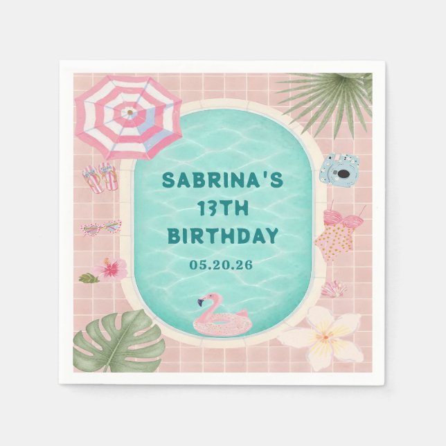 Pink Summer Pool Party Birthday Napkins (Front)