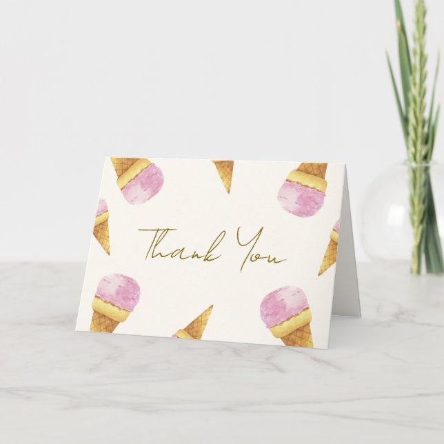 Pink Summer Scoop Ice Cream Frame Baby Shower Thank You Card (Front)