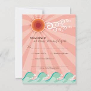 Pink Sun And Aqua Blue Waves Summer Beach Wedding RSVP Card