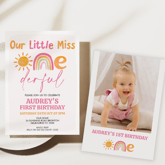 Pink Sun Rainbow Miss Onederful 1st Birthday Invitation (Our little miss onederful 1st birthday invitation baby girl, Sun and rainbow, Miss onderfu invite)