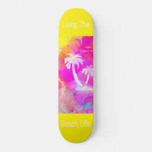 Pink Sun Set Colour Pop Palm Tree Beach Life Skateboard