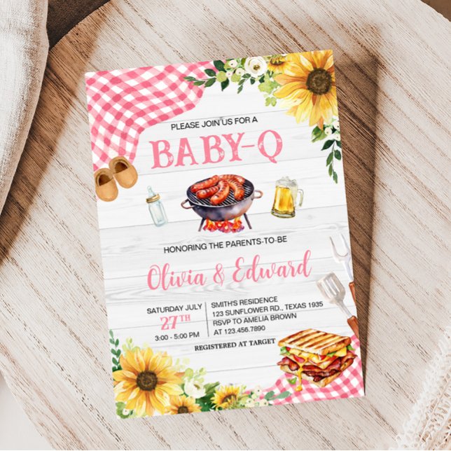 Pink Sunflower BBQ Baby Shower Invitation (Baby- Q Backyard Baby Shower Invitation)