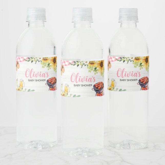 Pink Sunflower BBQ Baby Shower Water Bottle Label (Bottles)