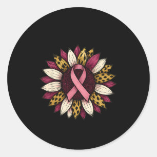 Pink Sunflower Leopard Print Breast Cancer Awarene Classic Round Sticker