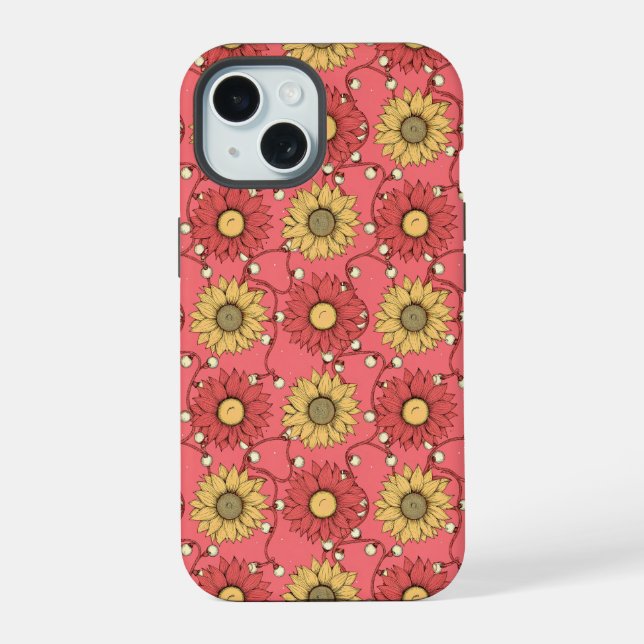 Pink Sunflowers Christmas iPhone 15 Case (Back)