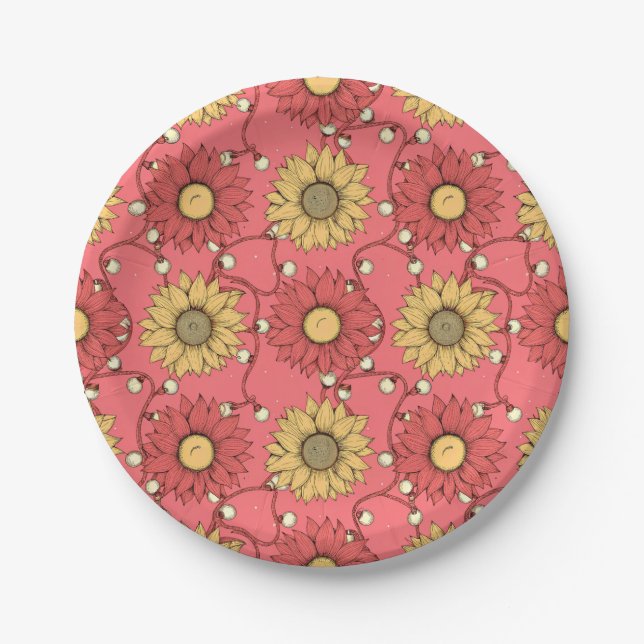 Pink Sunflowers Christmas Paper Plate (Front)