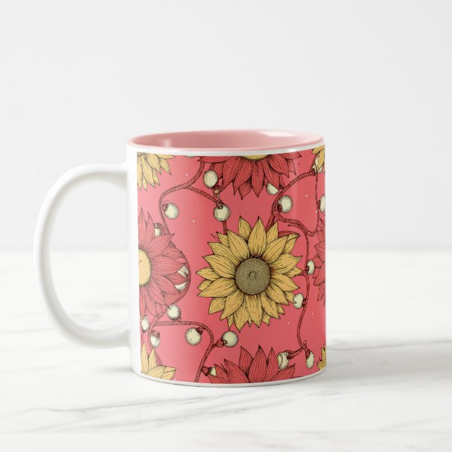 Pink Sunflowers Christmas Two-Tone Coffee Mug (Left)
