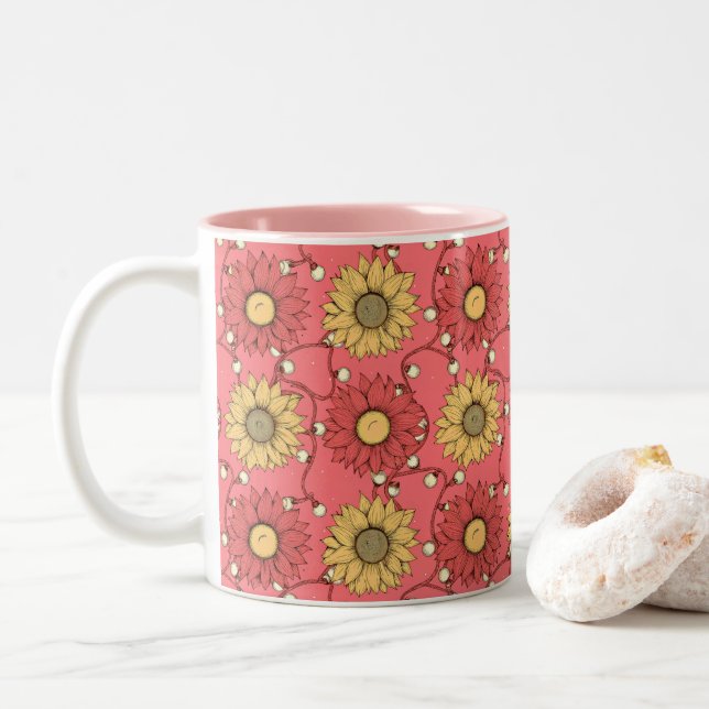 Pink Sunflowers Christmas Two-Tone Coffee Mug (With Donut)