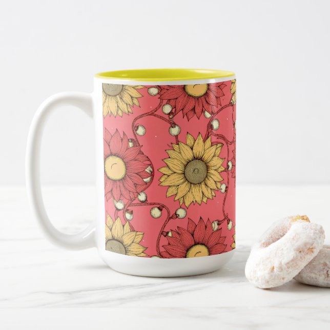 Pink Sunflowers Christmas Two-Tone Coffee Mug (With Donut)