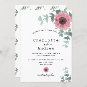 Pink sunflowers dusty floral greenery wedding invitation