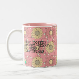 Pink Sunflowers Hot Coffee Merry Christmas Two-Tone Coffee Mug