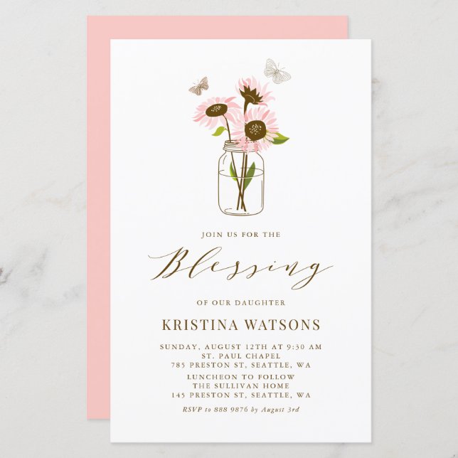 Pink Sunflowers in Mason Jar Baby Blessing Invite (Front/Back)