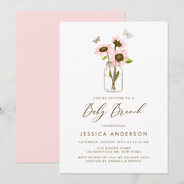 Pink Sunflowers in Mason Jar Baby Brunch Invitation (Front/Back)