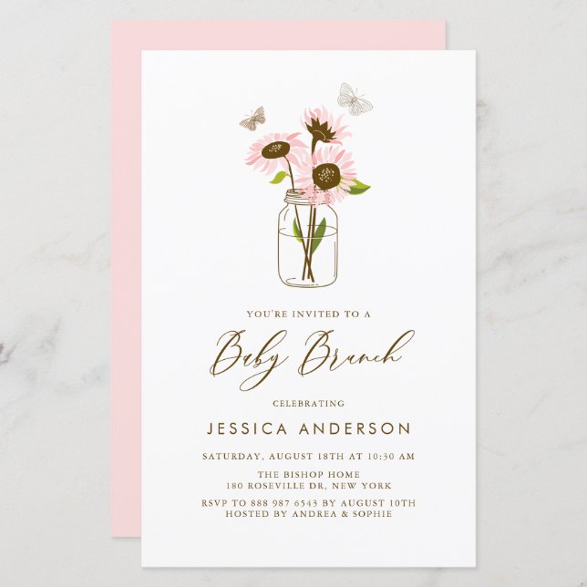 Pink Sunflowers in Mason Jar Baby Brunch Invite (Front/Back)