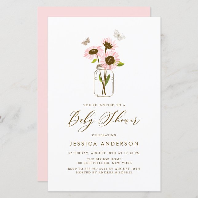 Pink Sunflowers in Mason Jar Baby Shower Invite (Front/Back)