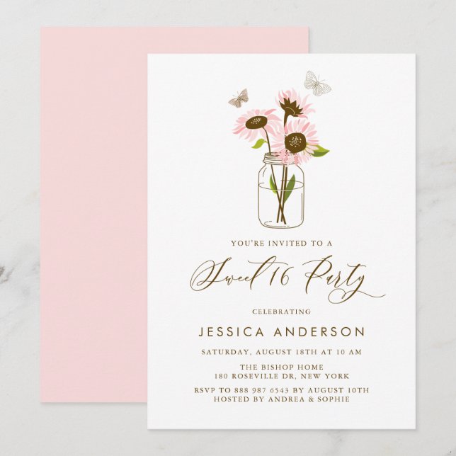 Pink Sunflowers in Mason Jar Rustic Sweet Sixteen Invitation (Front/Back)