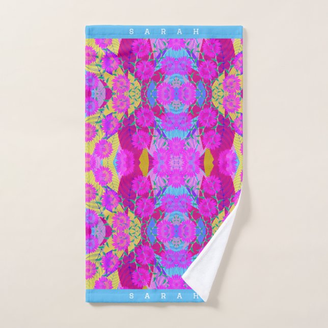 pink sunflowers tropical leaves modern floral art hand towel (Hand Towel)