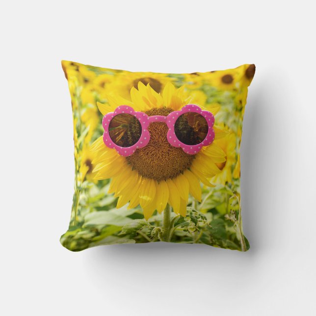 Pink Sunglasses On Sunflower Cushion (Front)