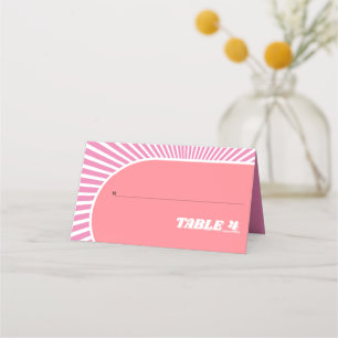 Pink sunray retro groovy 70s inspired wedding place card