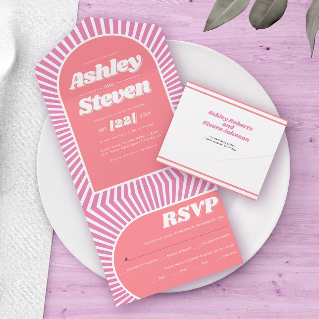 Pink sunrays retro groovy 70s inspired wedding all in one invitation (Creator Uploaded)