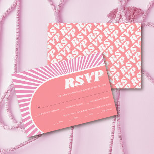 Pink sunrays retro groovy 70s inspired wedding RSVP card