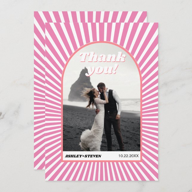 Pink sunrays retro groovy 70s inspired wedding thank you card (Front/Back)