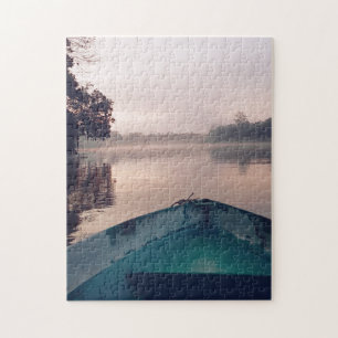 Pink Sunrise Borneo Jungle River Boat Travel Photo Jigsaw Puzzle
