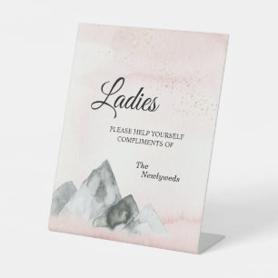 Pink Sunrise Mountain Wedding Ladies Bathroom Pedestal Sign