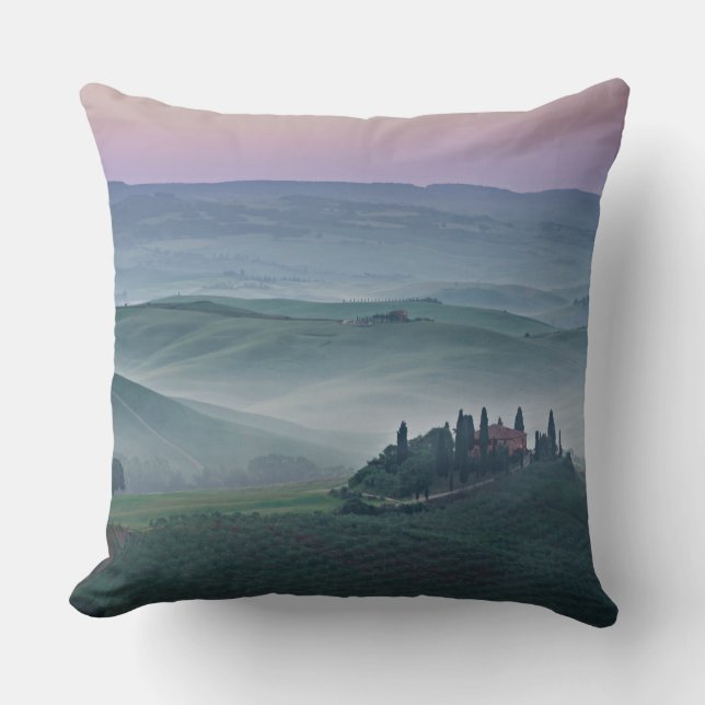 Pink sunrise over a Tuscany landscape pillow (Front)