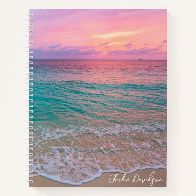 Pink Sunset Beach Personalised Notebook (Front)