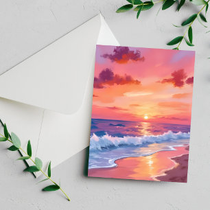 Pink Sunset Beach Waves Seascape Painting Card