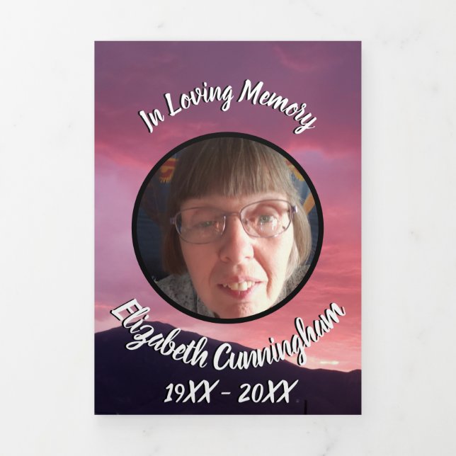 Pink Sunset Five Photo Memorial  Tri-Fold Announcement (Cover)