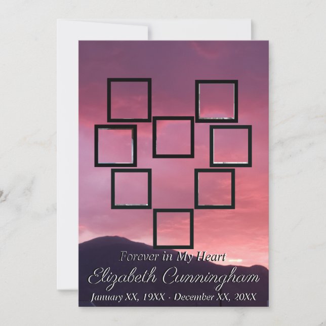 Pink Sunset | Heart Shape Photo Collage Memorial Invitation (Front)