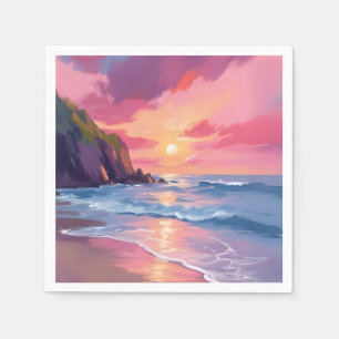 Pink Sunset Ocean Beach Waves Watercolor Napkin