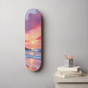 Pink Sunset Ocean Beach Waves Watercolor Skateboard