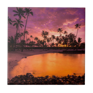 Pink Sunset Of Hawaii Beach Ceramic Tile
