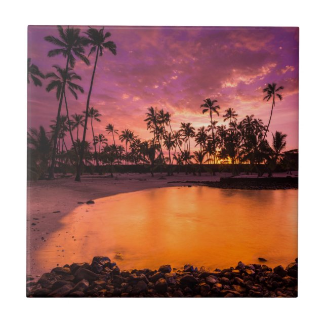 Pink Sunset Of Hawaii Beach Ceramic Tile (Front)
