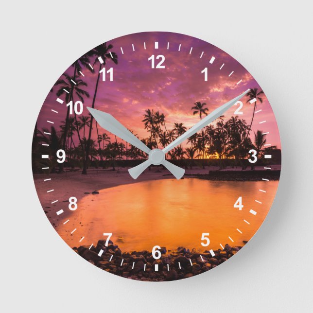 Pink Sunset Of Hawaii Beach Round Clock (Front)