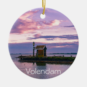 Pink sunset over lake ceramic ornament