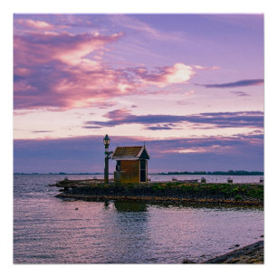 Pink sunset over lake poster