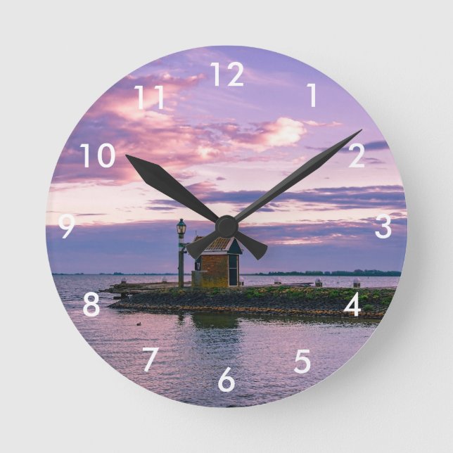 Pink sunset over lake round clock (Front)