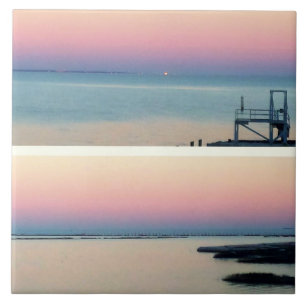 Pink Sunset over Water and Broken Pier Photo Tile