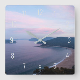 Pink Sunset Pearl Beach Landscape Australia Square Wall Clock