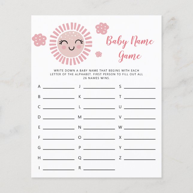 Pink Sunshine Baby Name Shower Game  (Front)