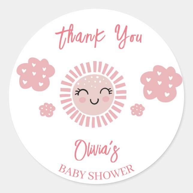 Pink Sunshine Girl Baby Shower Thank You  Classic Round Sticker (Front)