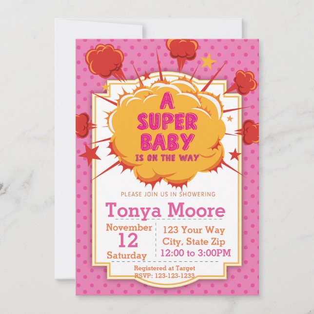 Pink Super Baby Shower Invitation (Front)