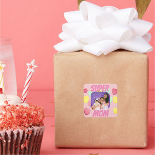 Pink Super Mum Photo Colourful Hearts   Mothers Da Square Sticker